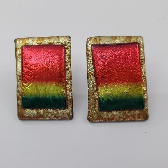 Clay Earrings‎ Faux Dichroic Tribal Red Green 1 Inc - Picture 2 of 7